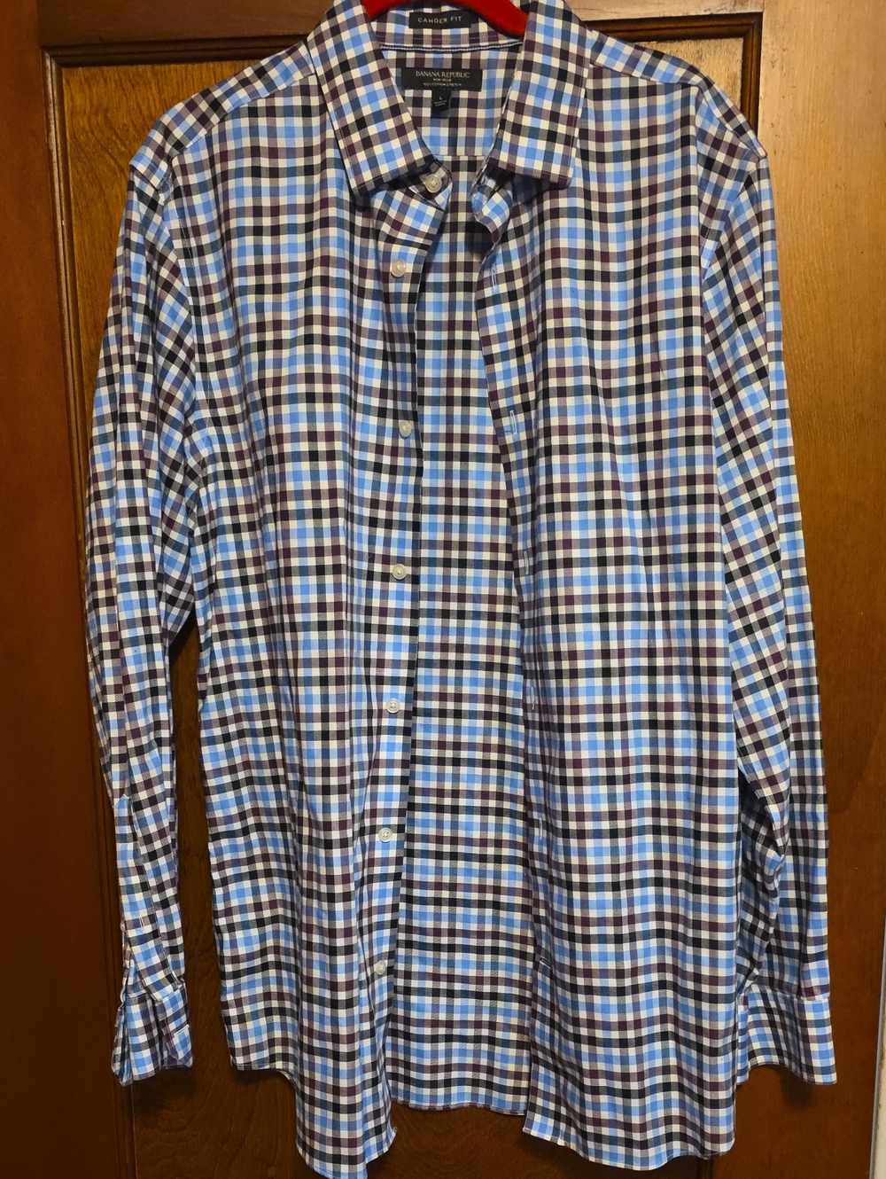 Banana Republic Men's Blue, Burgundy and White Check Dress Shirt Camden Fit sz L